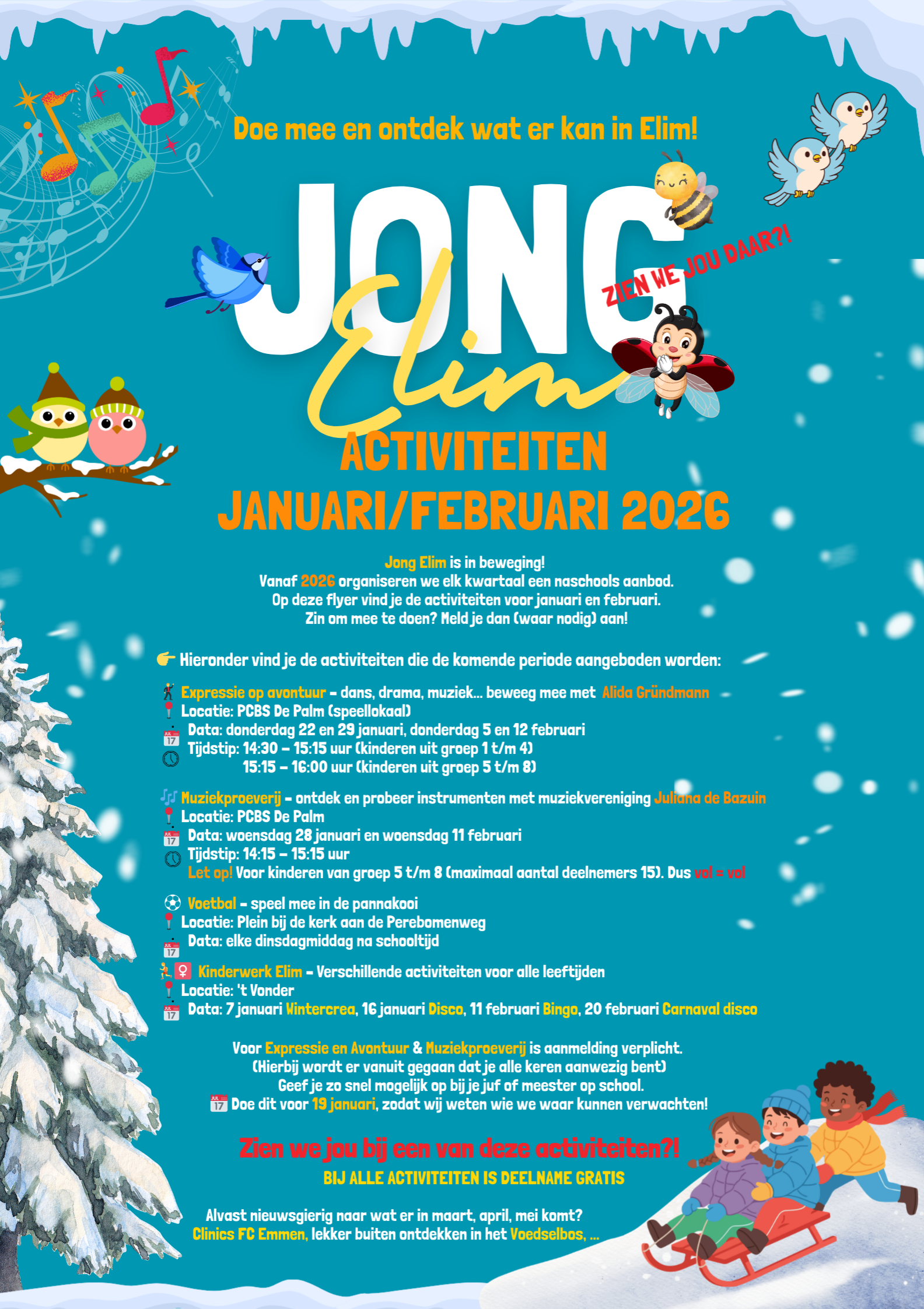 poster met alle activiteiten die worden georganiseerd op Elim in jan-feb